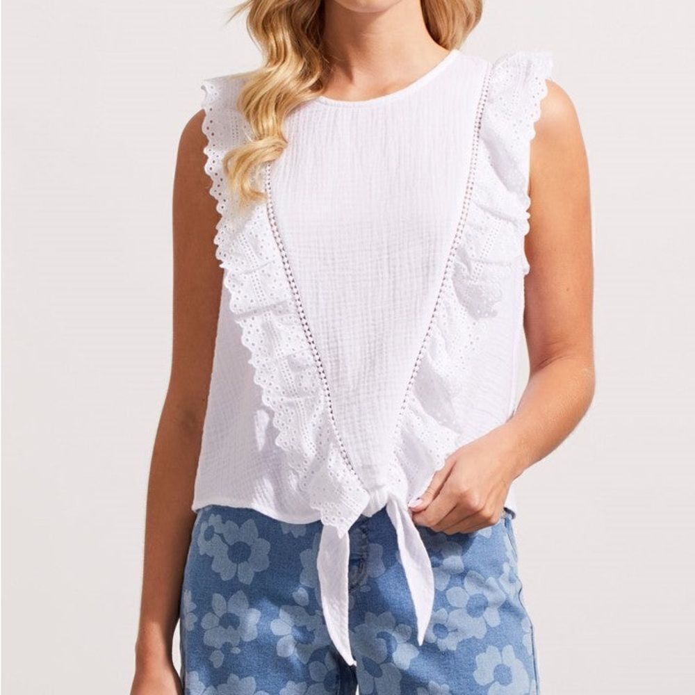 Tribal Jeans Sleeveless Tie Front white cotton muslin gauze Blouse boho Lace S